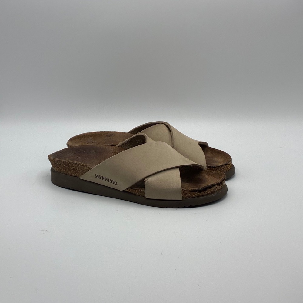 Mephisto Sandals Women 36 Beige Leather Crisscross Slide Cork Footbed